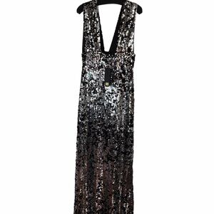 Rachel Zoe Silver/Black Sequin Deep V Gown – NWT – Size 2